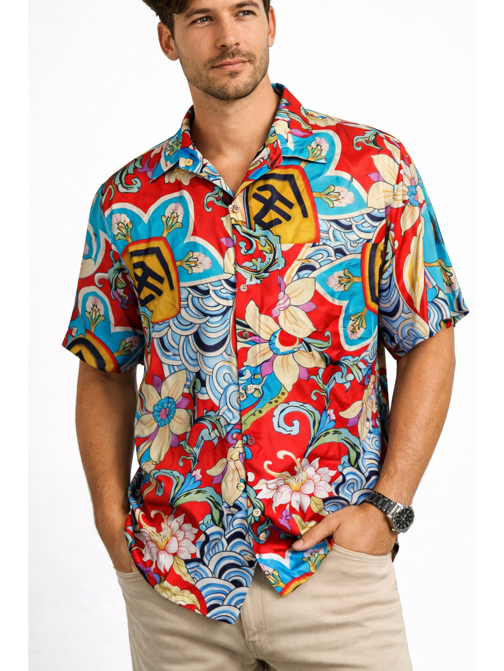 Takeaway 100% Silk Mens Button Up Shirt Multicolor Graphic Print Size Small